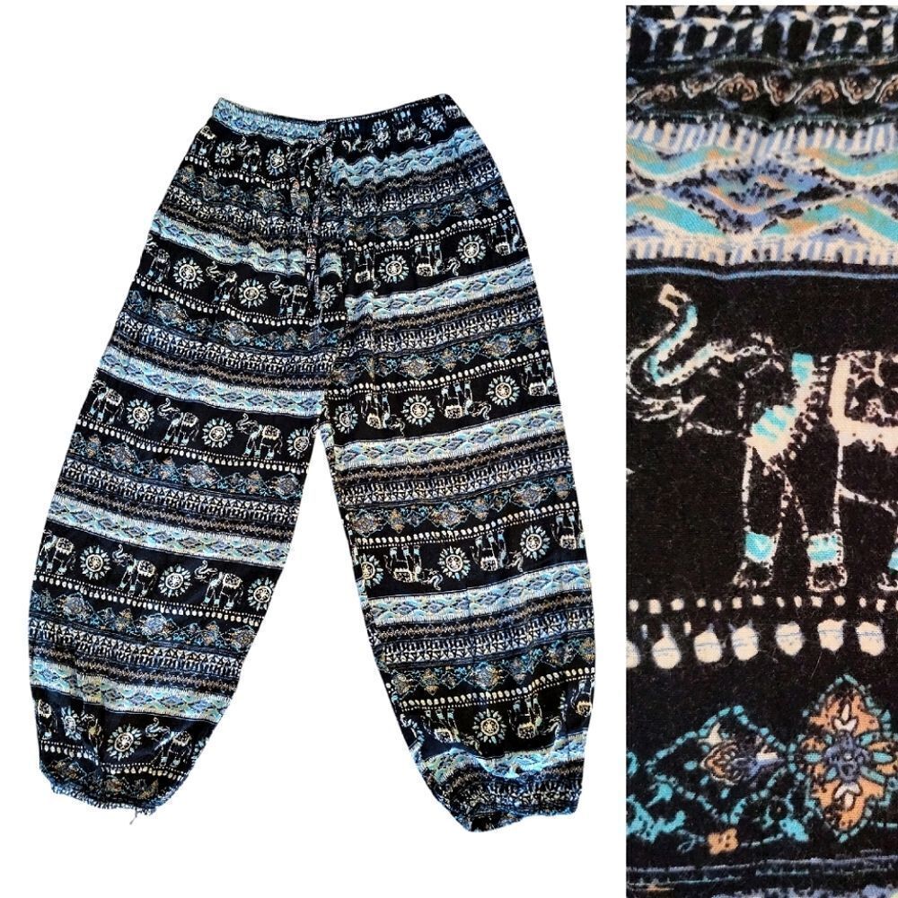 Black Teal White Elephant Floral Block Print Harem Pants XL *Fits like Med